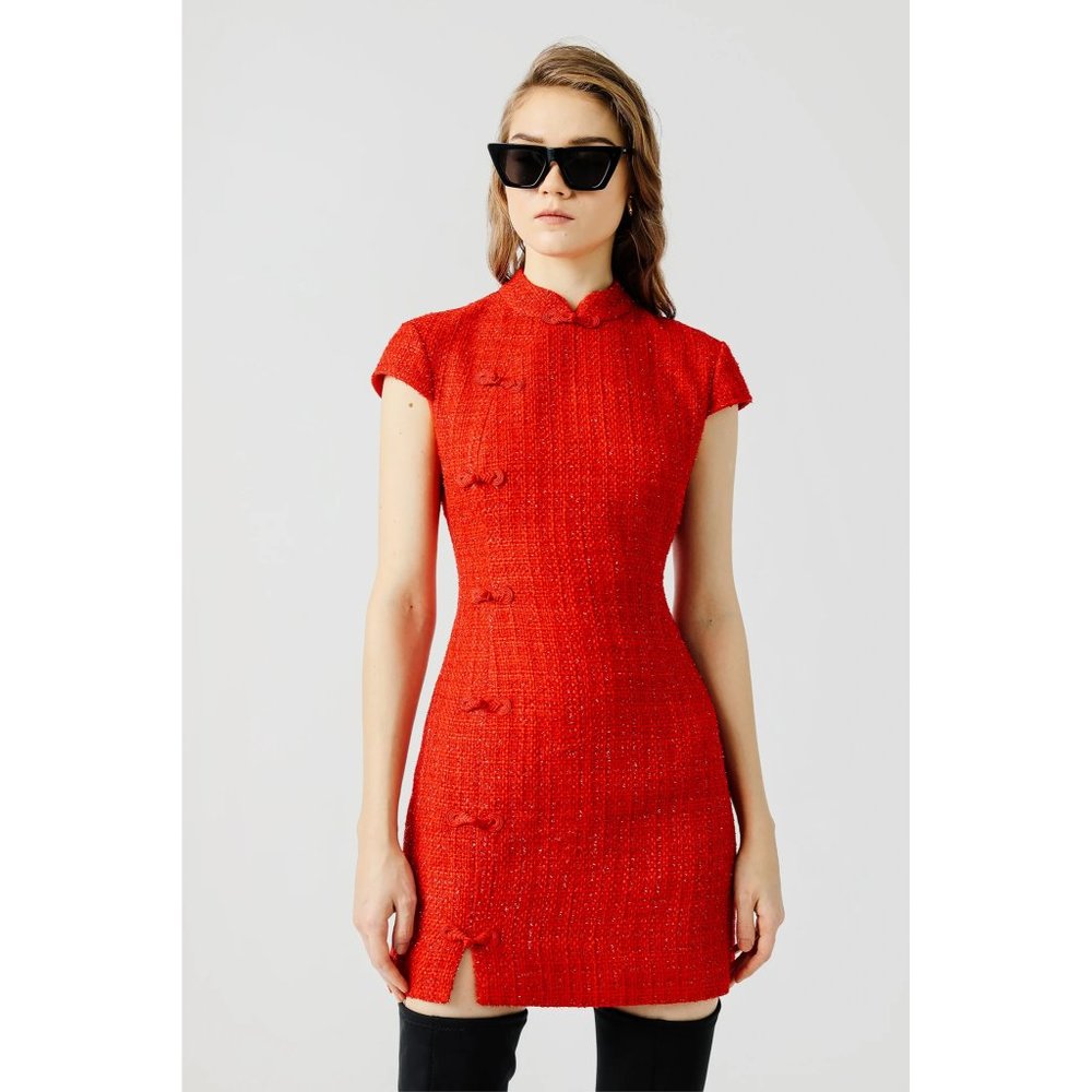 NWOT SAU LEE Natasha Tweed Mini Dress in Red Cheongsam-style Sequined Twedd